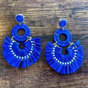 J Crew Blue Raffia fan statement earrings